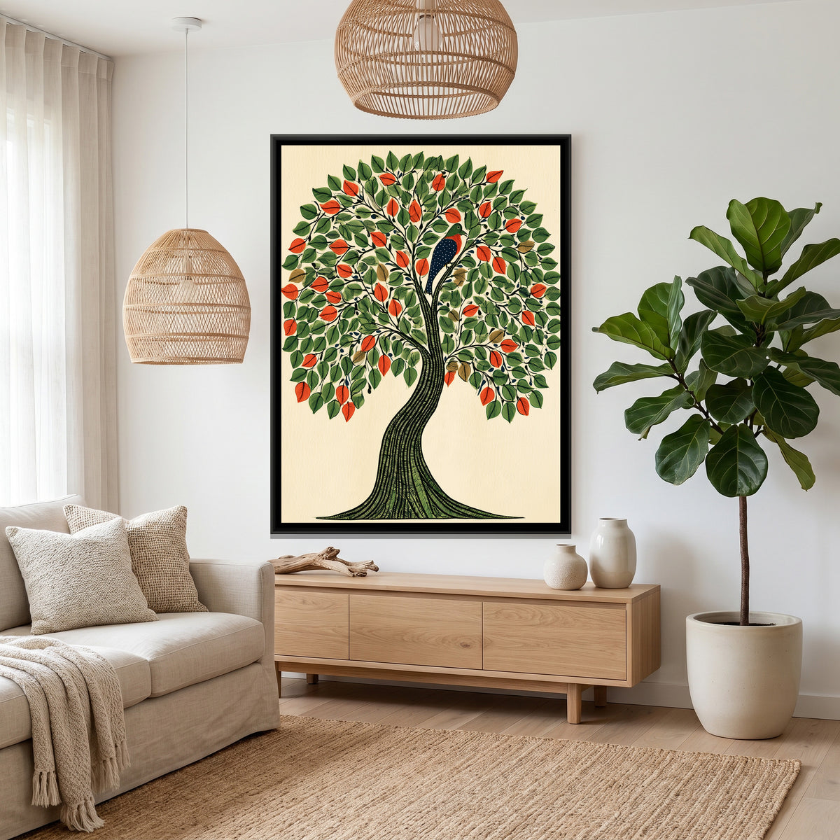 Gond Tree — canvas art shown in a second room setting