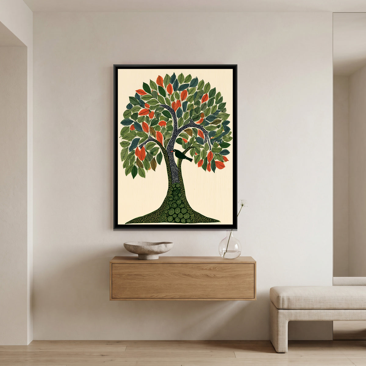 Gond Tree — canvas art shown in a styled room