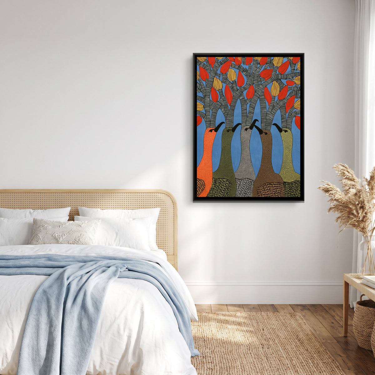 Gond Tree Birds — canvas art shown in a second room setting