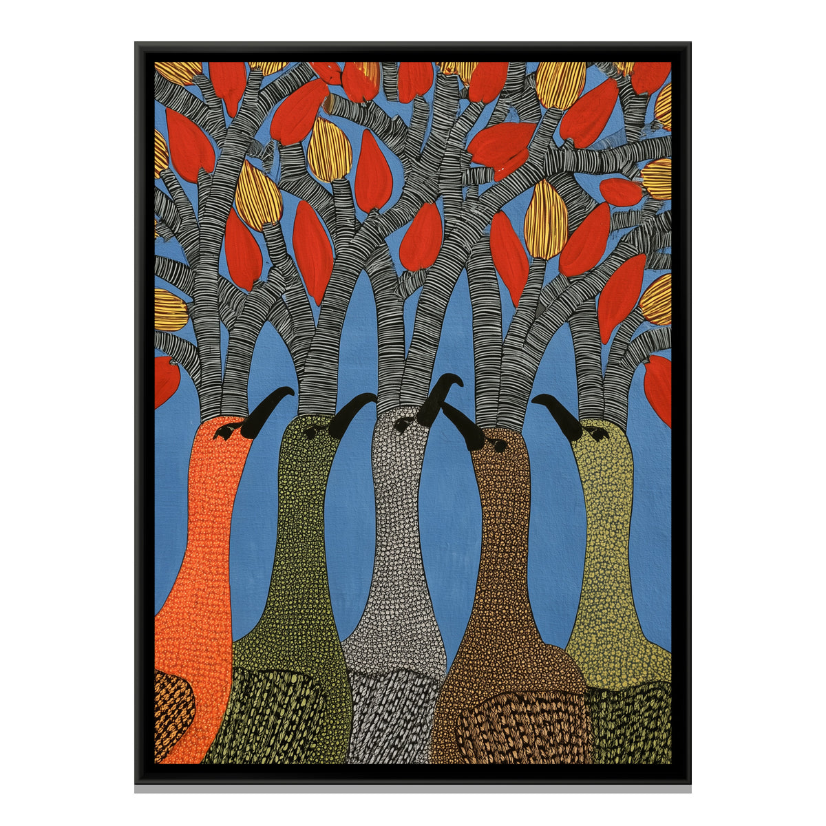 Gond Tree Birds — framed canvas print, front view