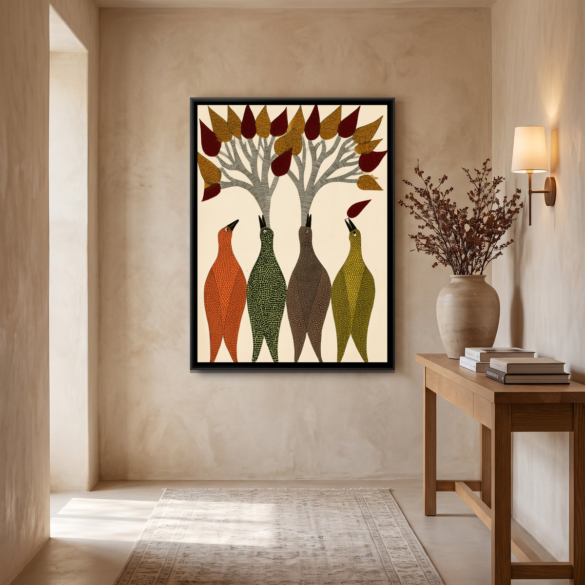 Gond Tree Birds — canvas art shown in a second room setting