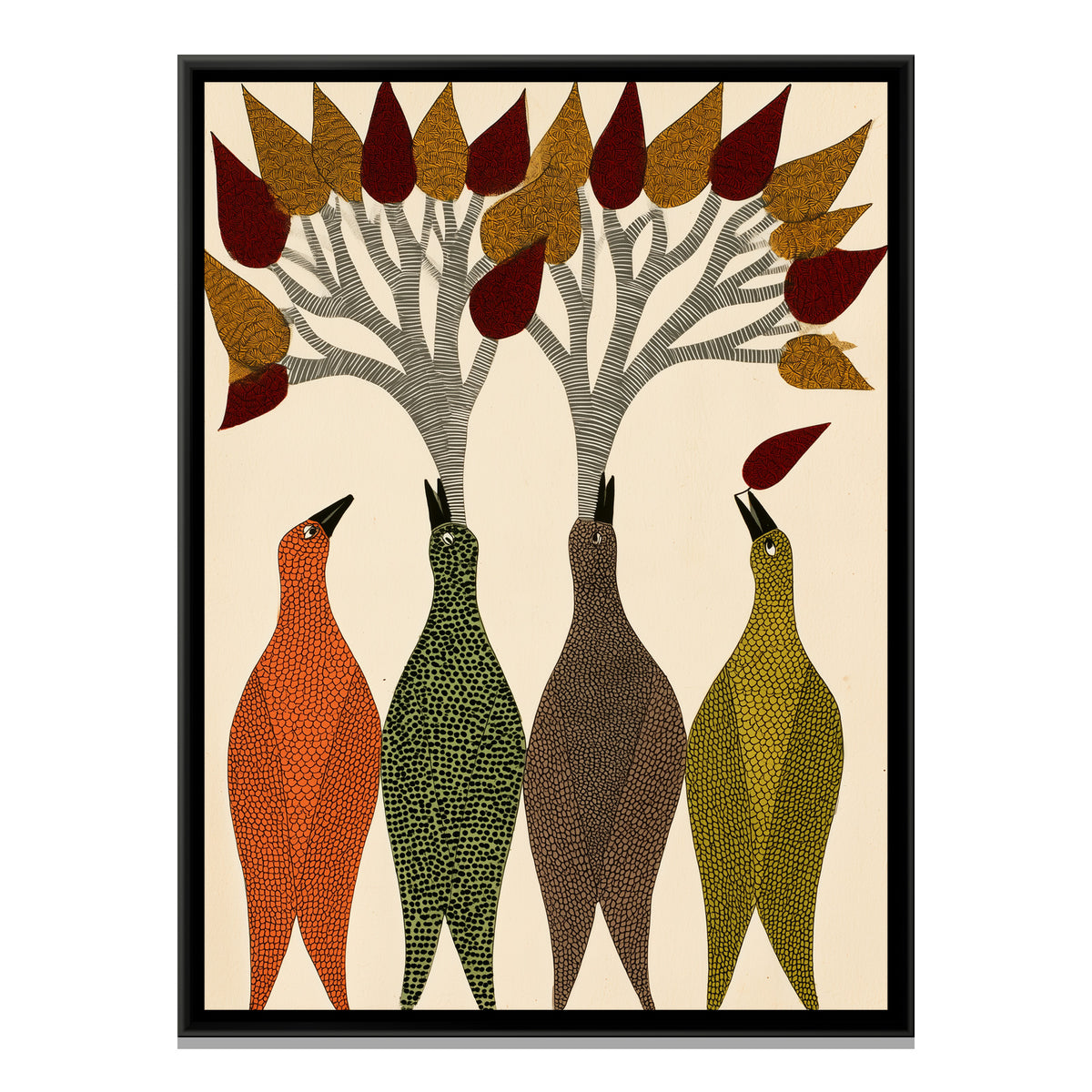 Gond Tree Birds — framed canvas print, front view