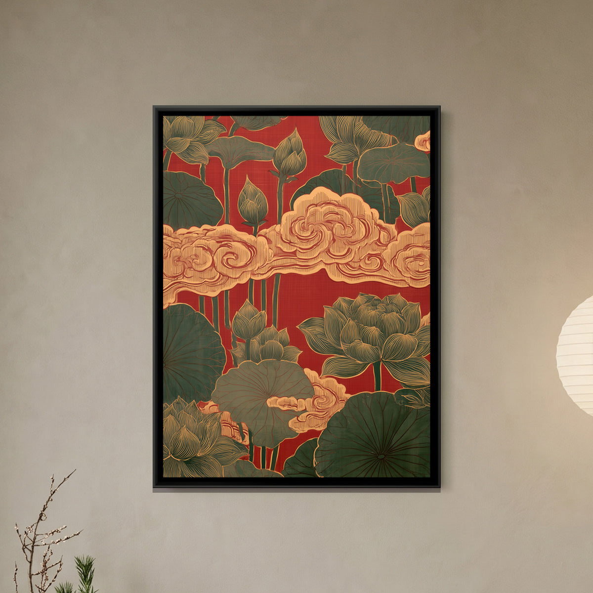 Chinoiserie Lotus and Clouds — framed canvas art hung on a wall