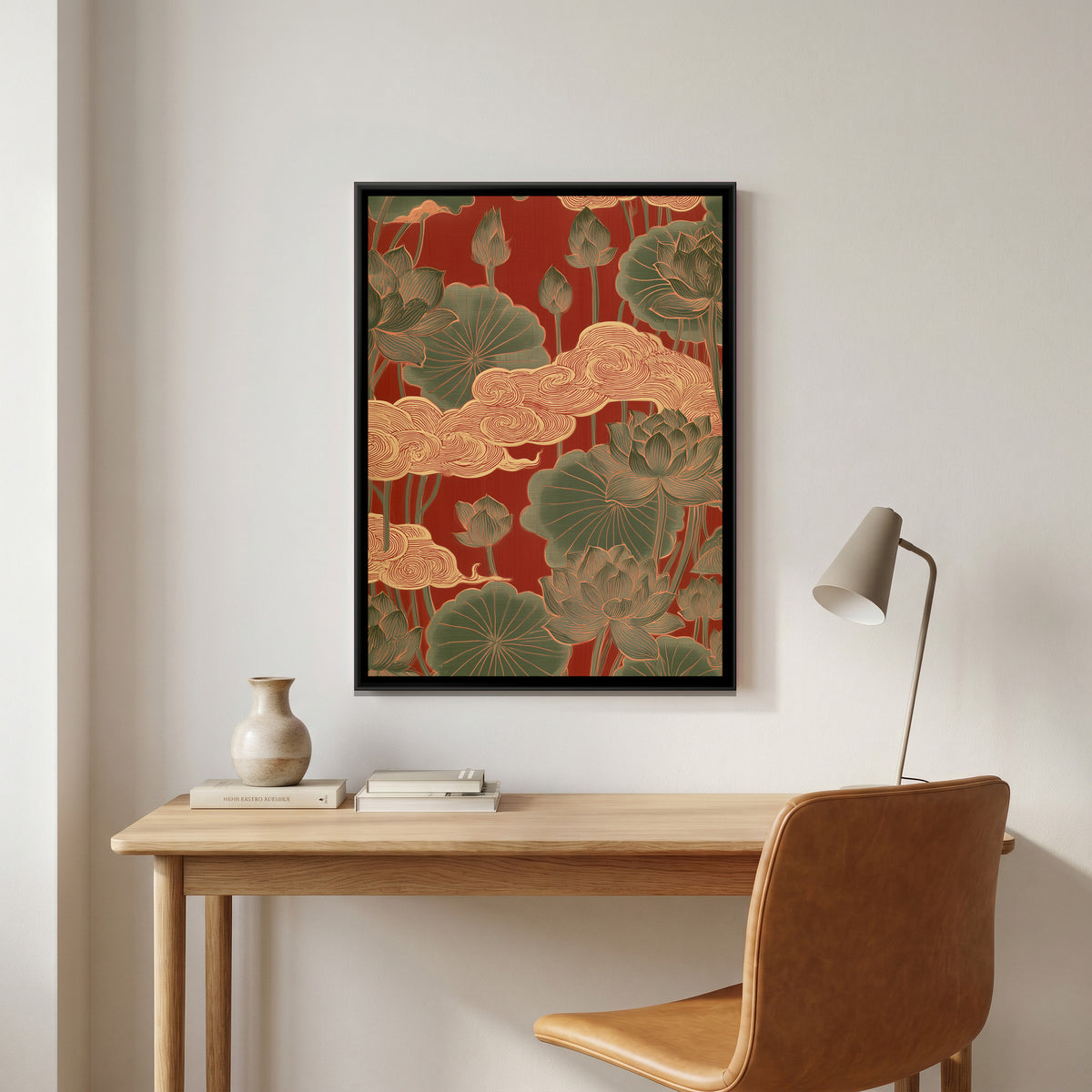 Chinoiserie Lotus and Clouds — canvas art shown in a second room setting