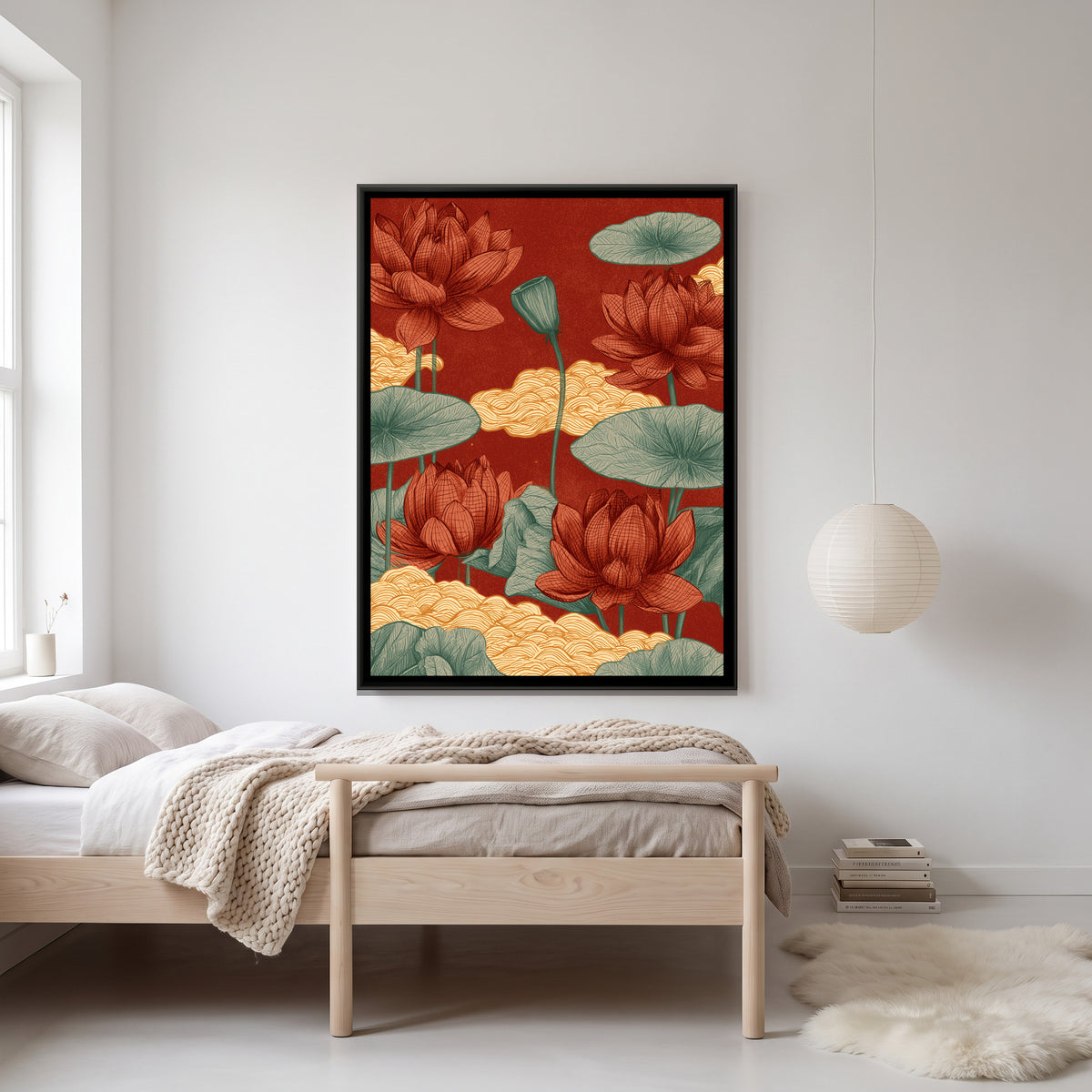 Chinoiserie Lotus and Clouds — canvas art shown in a styled room