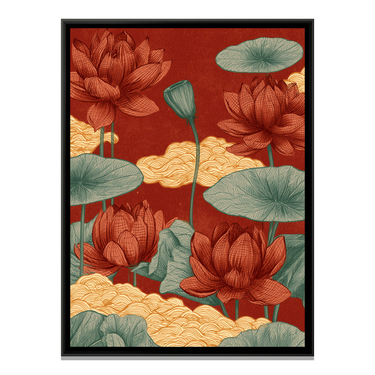 Chinoiserie Lotus and Clouds — framed canvas print, front view