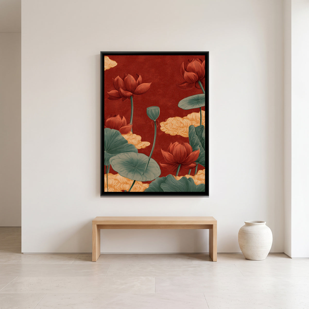 Chinoiserie Lotus and Clouds — canvas art shown in a styled room