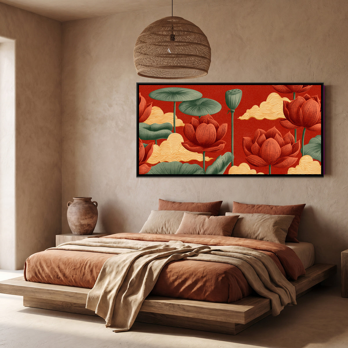 Chinoiserie Lotus and Clouds — canvas art shown in a styled room