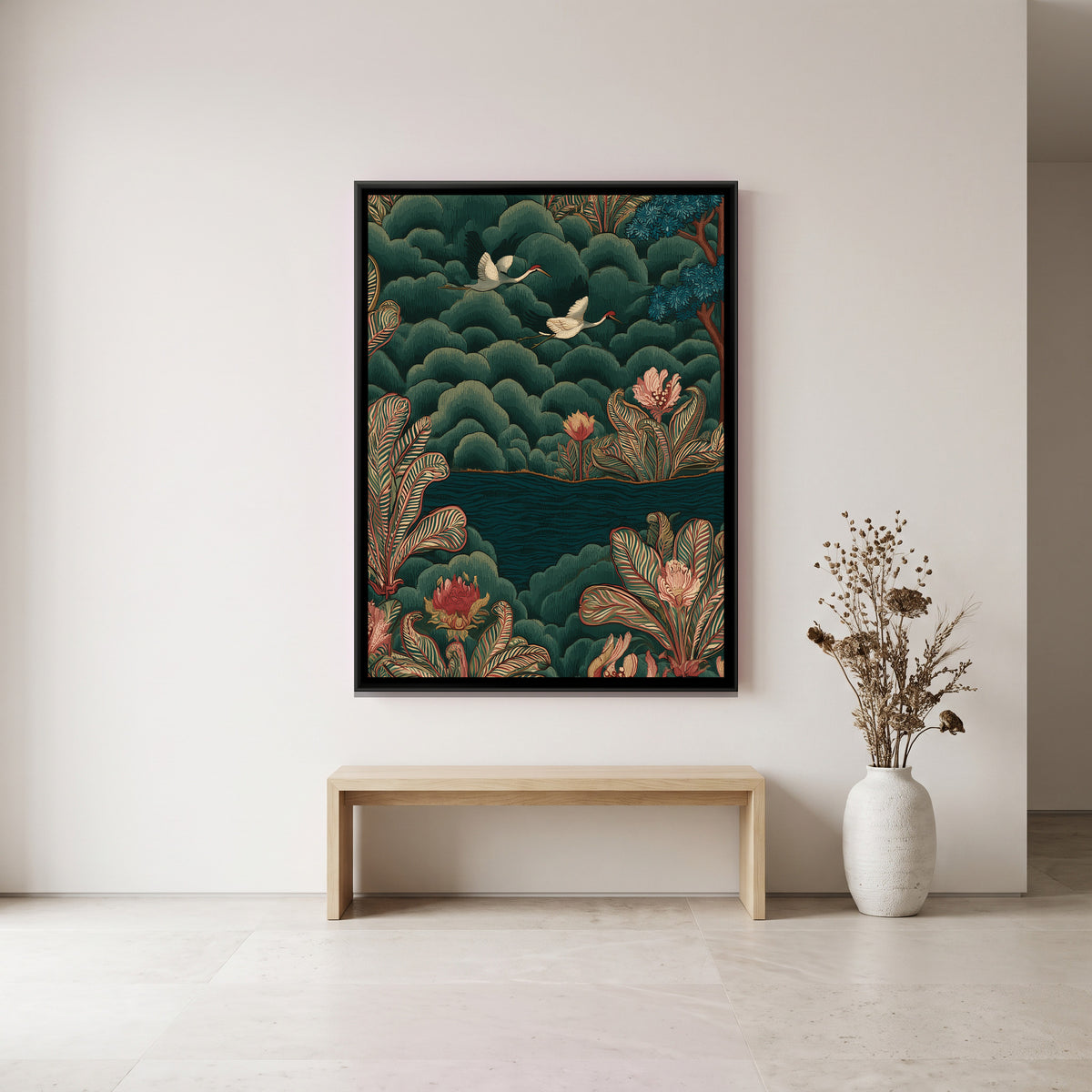 Chinoiserie Cranes — canvas art shown in a styled room
