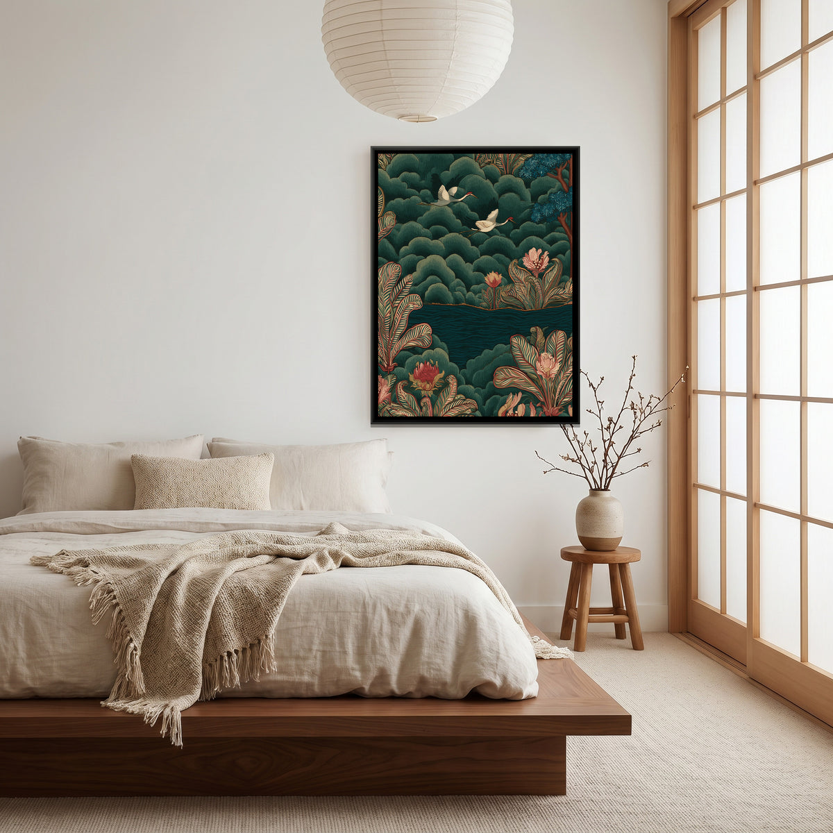 Chinoiserie Cranes — canvas art shown in a second room setting