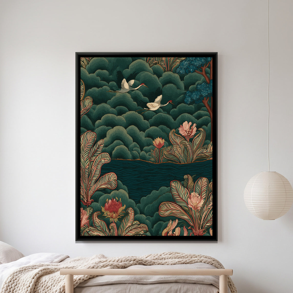 Chinoiserie Cranes — framed canvas art hung on a wall