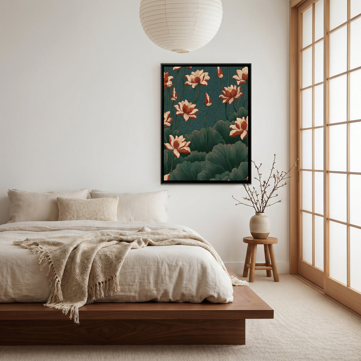 Chinoiserie Lotus — canvas art shown in a second room setting