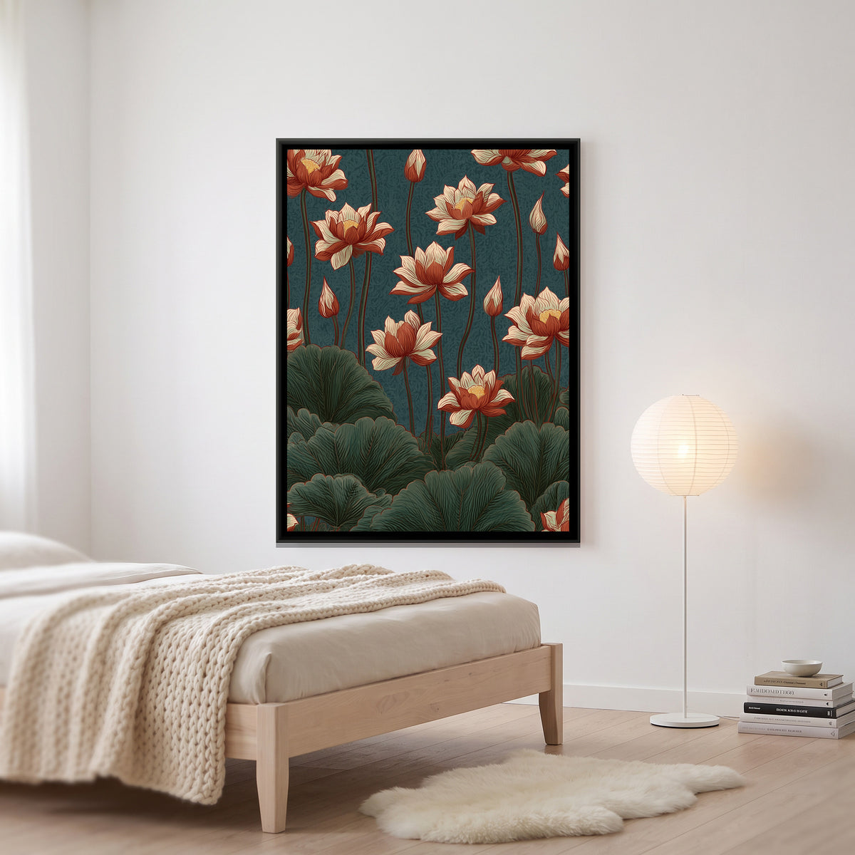 Chinoiserie Lotus — canvas art shown in a styled room