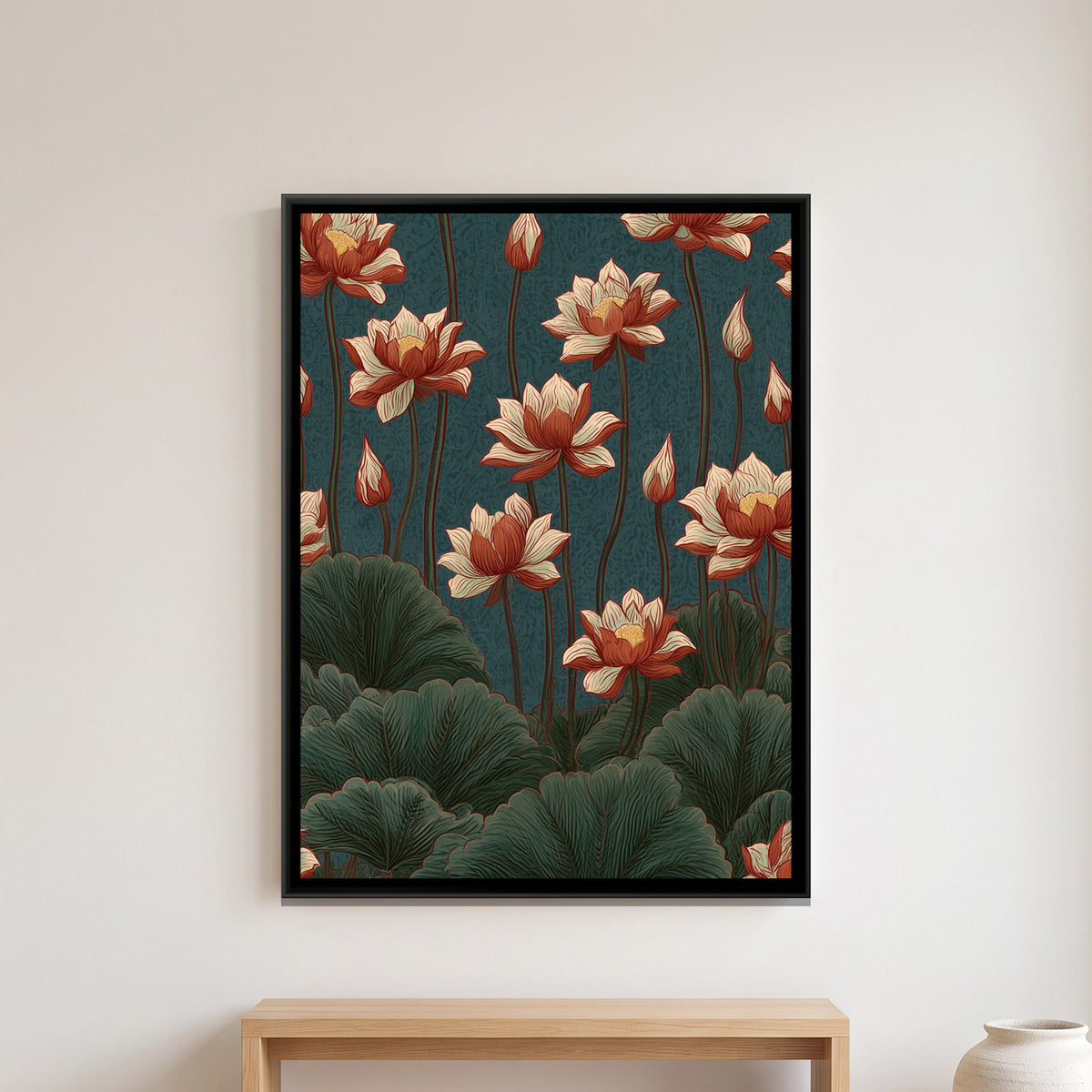 Chinoiserie Lotus — framed canvas art hung on a wall