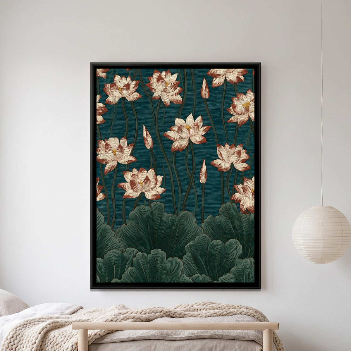 Chinoiserie Lotus — framed canvas art hung on a wall