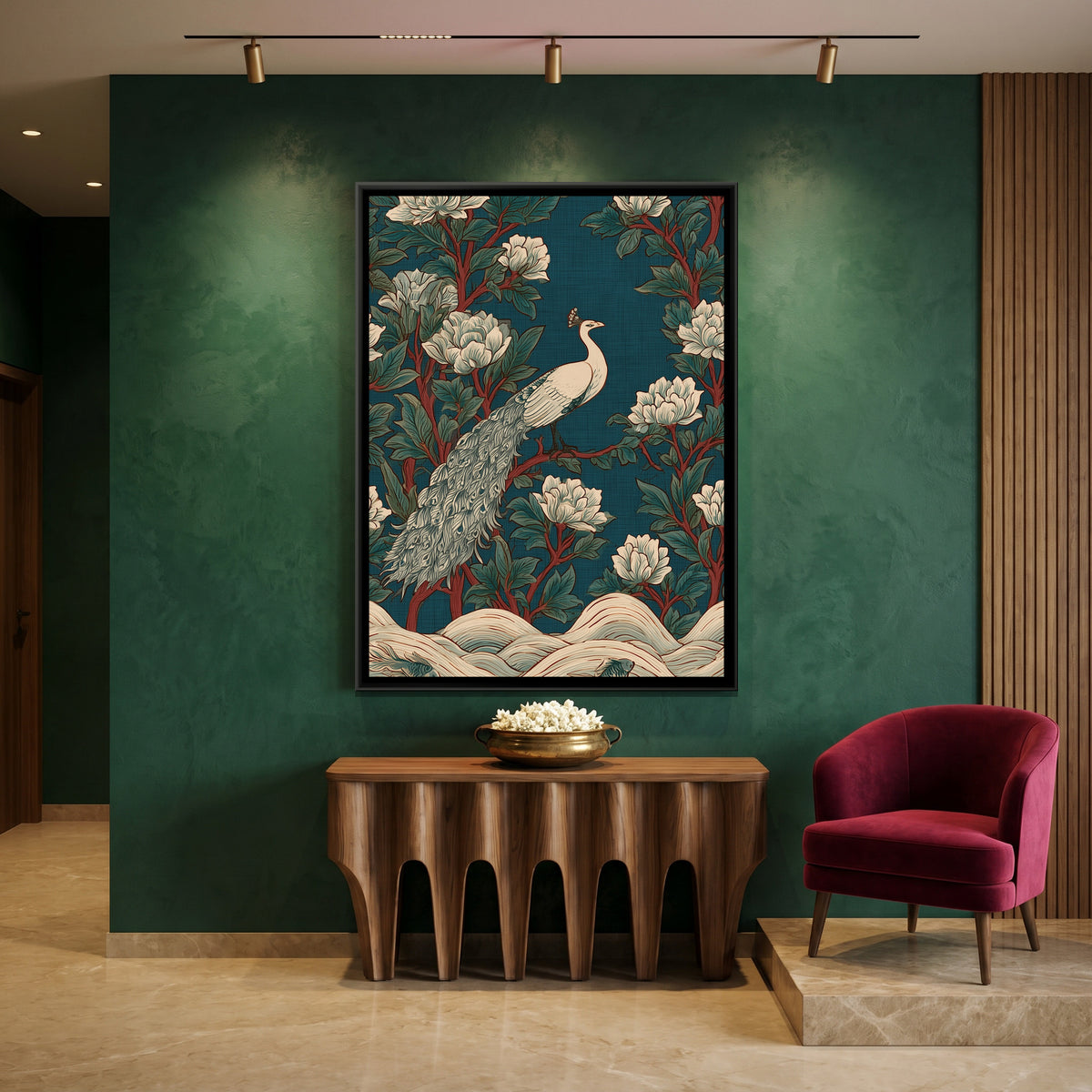 White Peacock — canvas art shown in a second room setting