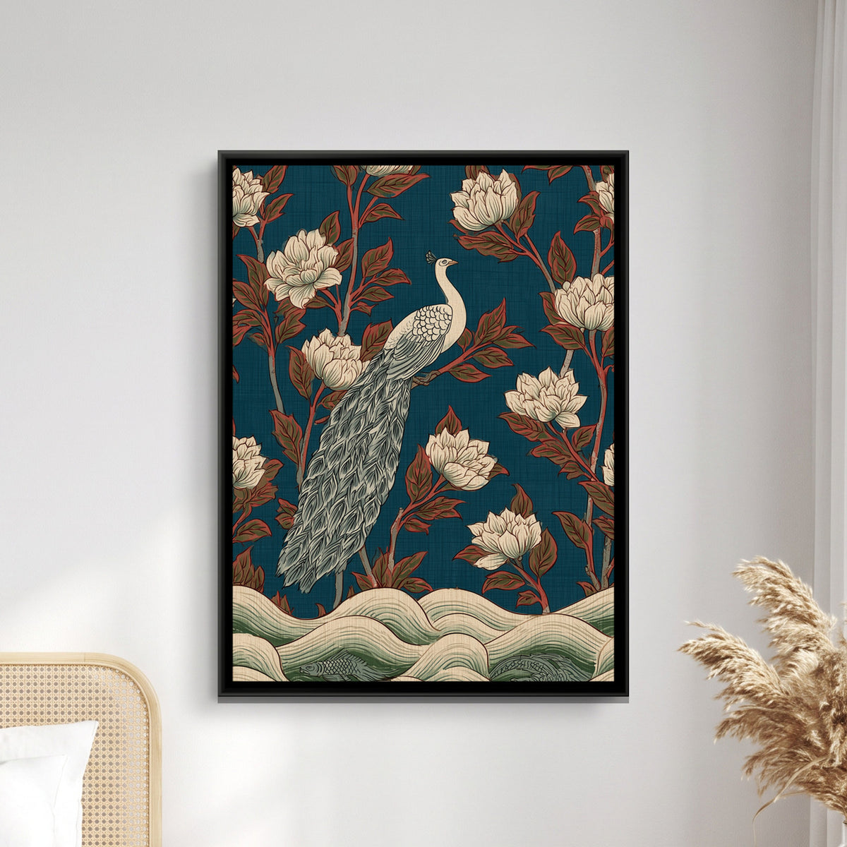 White Peacock — framed canvas art hung on a wall