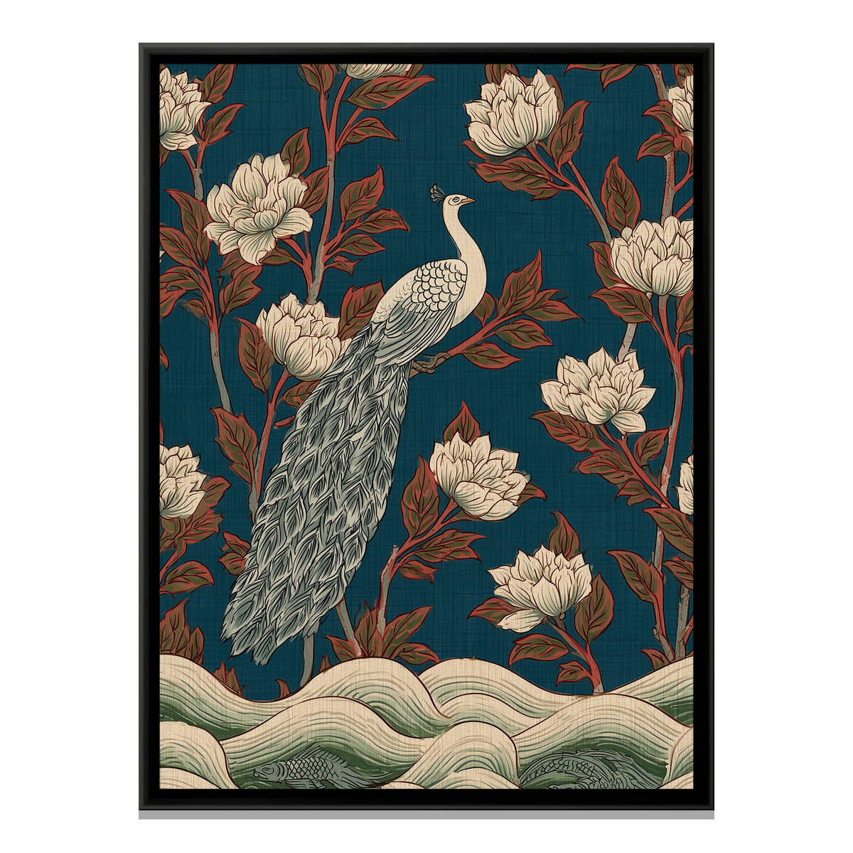 White Peacock — framed canvas print, front view