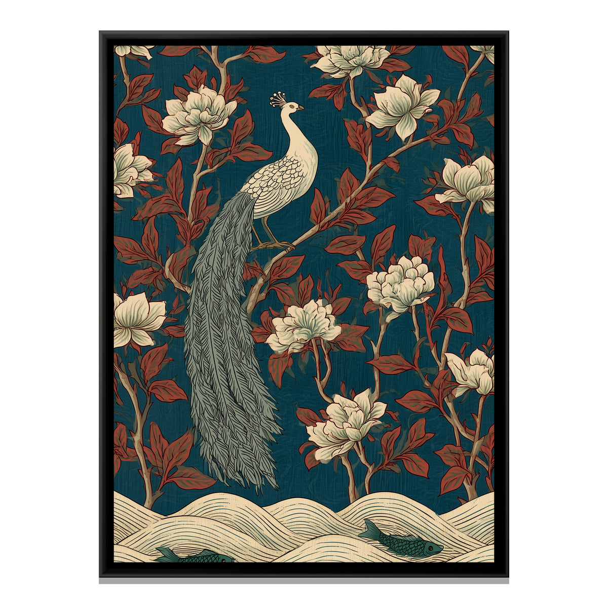 White Peacock — framed canvas print, front view