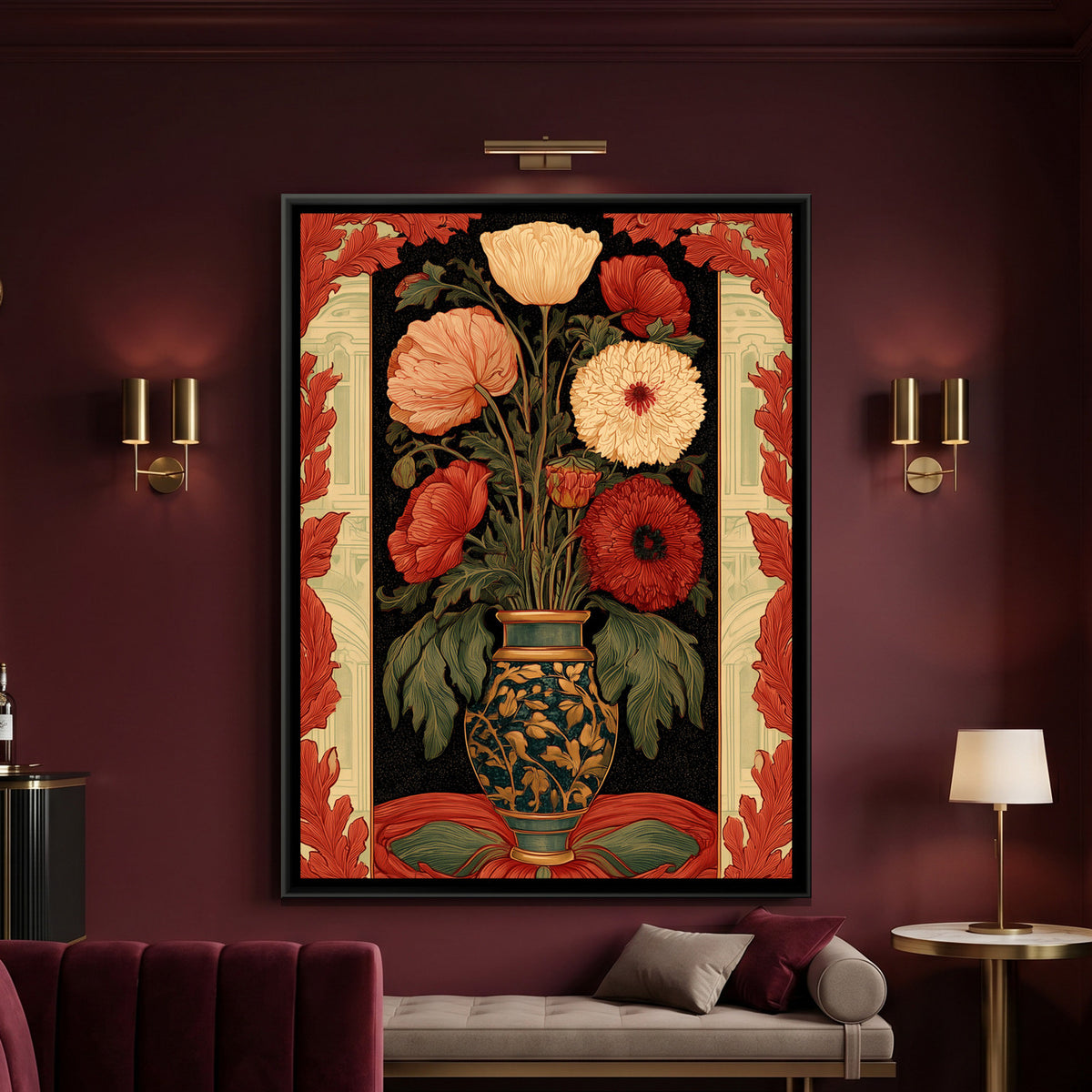 Art Nouveau Flower Vase — framed canvas art hung on a wall