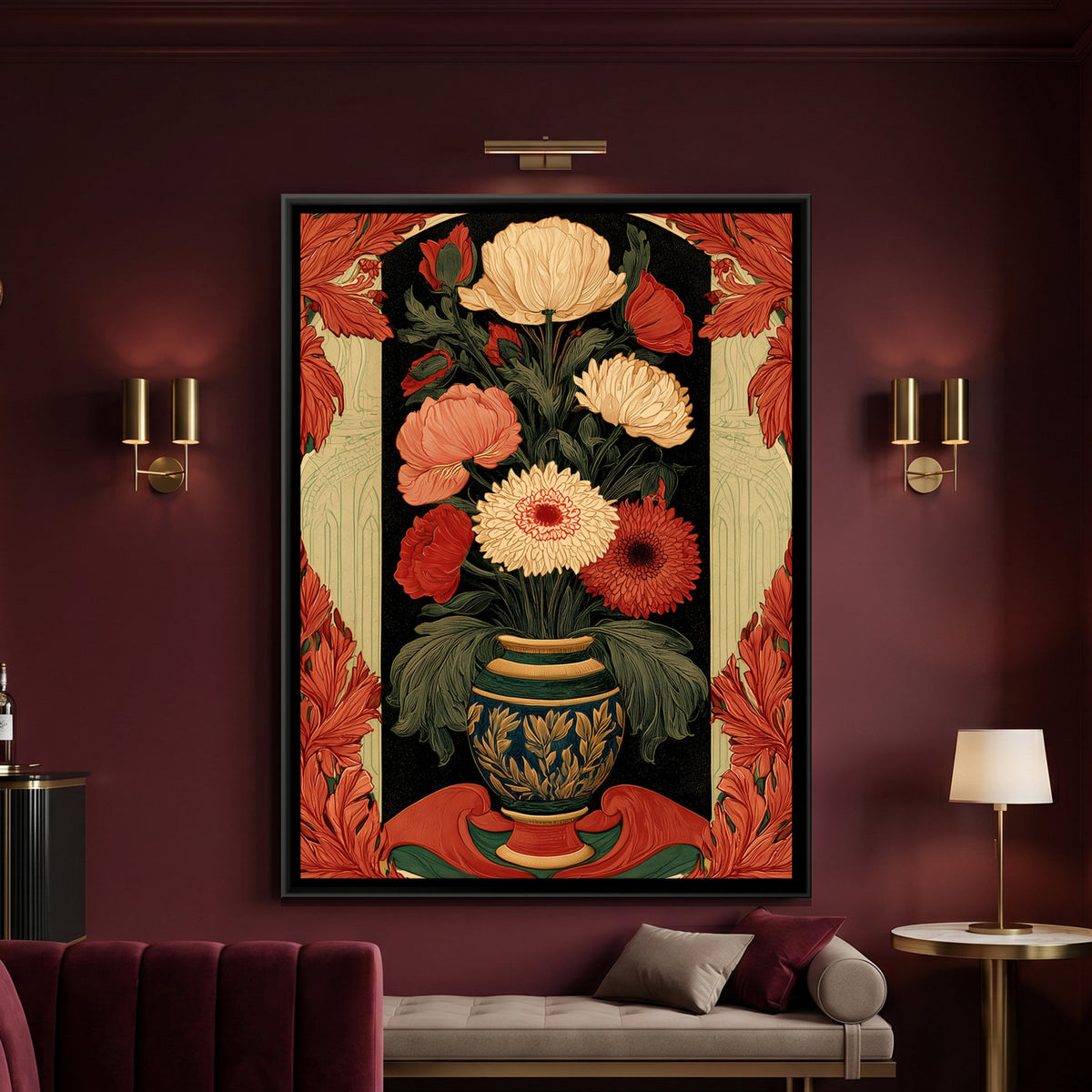 Art Nouveau Flower Vase — framed canvas art hung on a wall