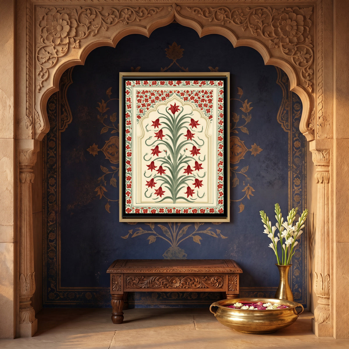 Mughal Red Lily — canvas art shown in a second room setting