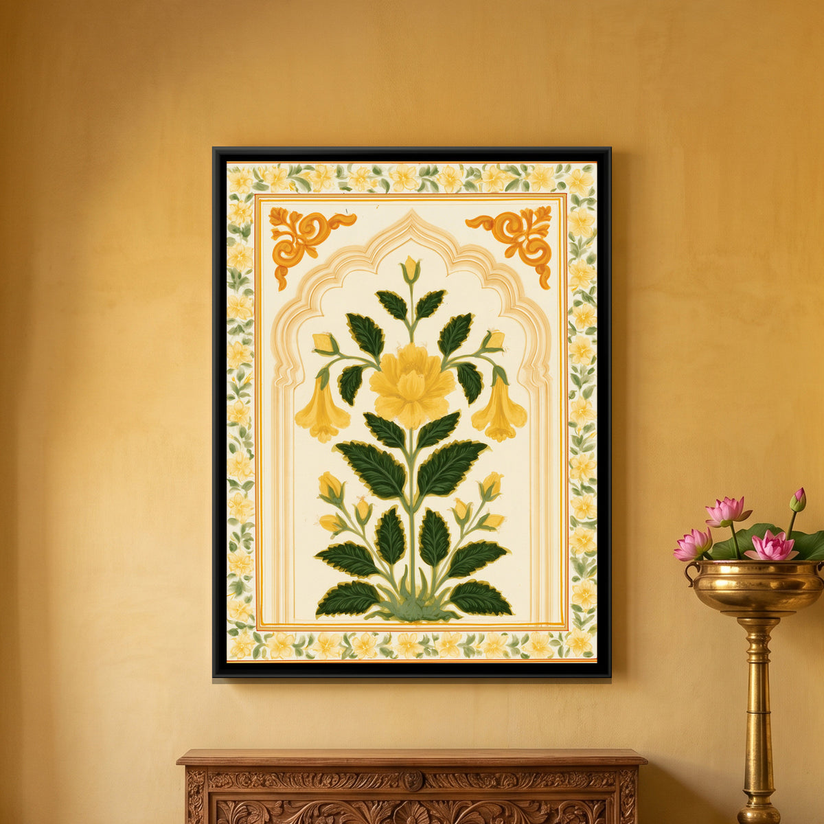 Mughal Yellow Flower — framed canvas art hung on a wall