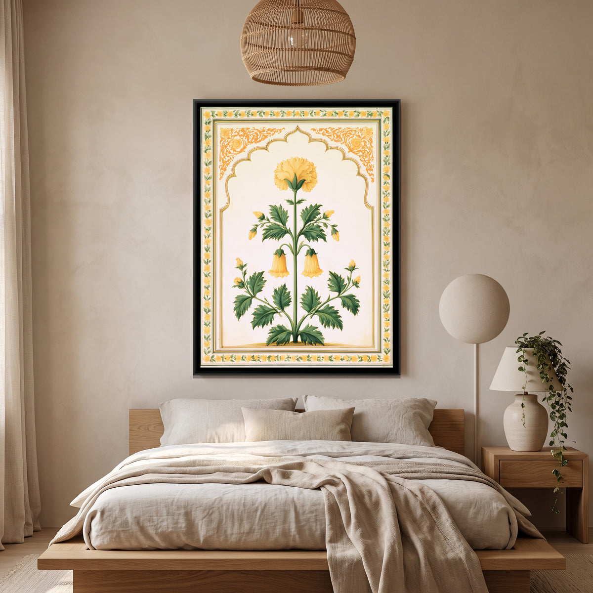 Mughal Yellow Flower — canvas art shown in a second room setting