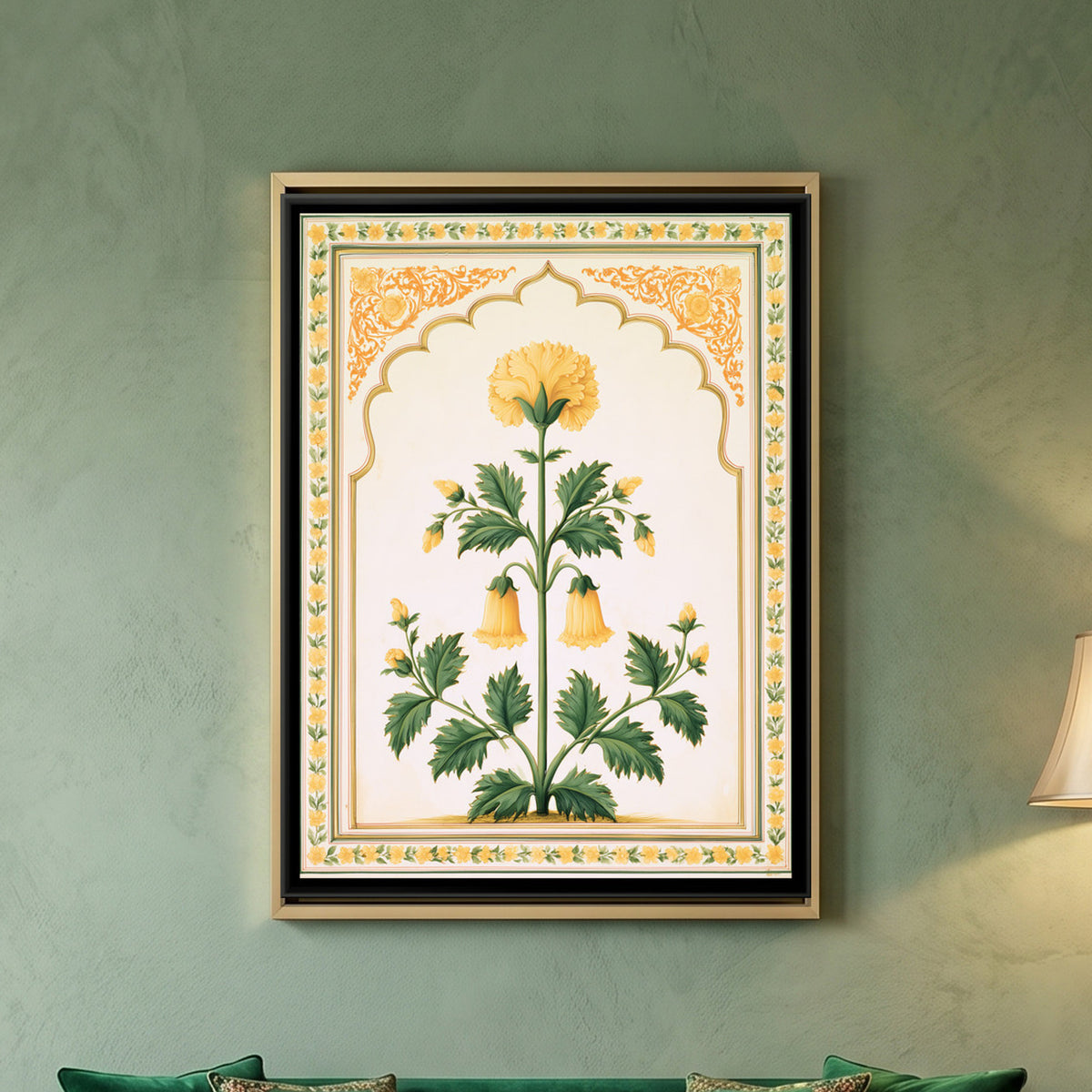 Mughal Yellow Flower — framed canvas art hung on a wall