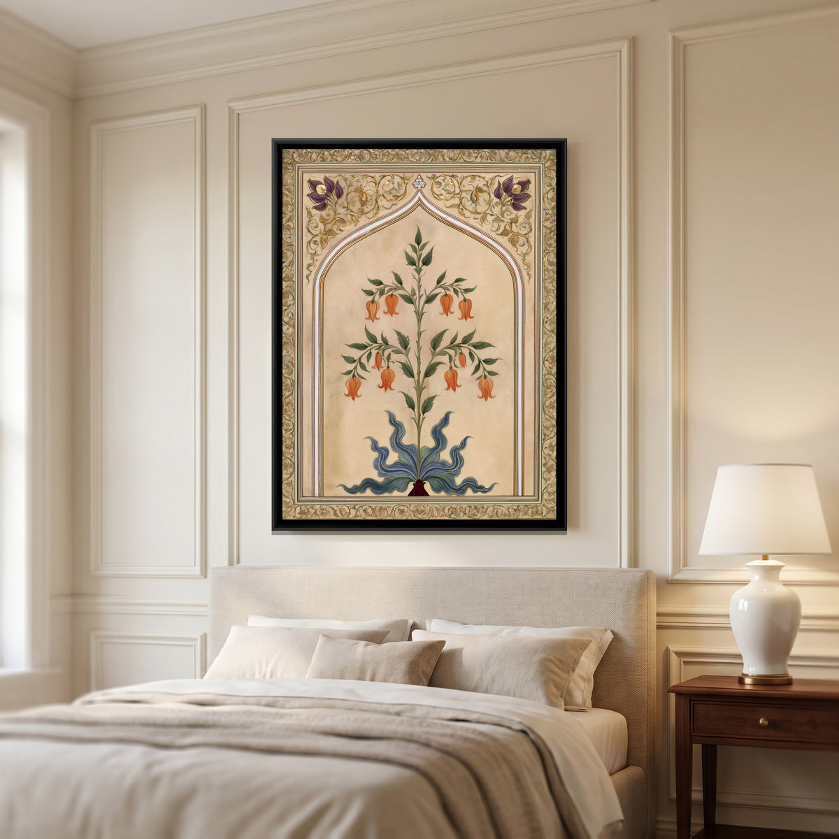 Mughal Flowering Plant — canvas art shown in a second room setting