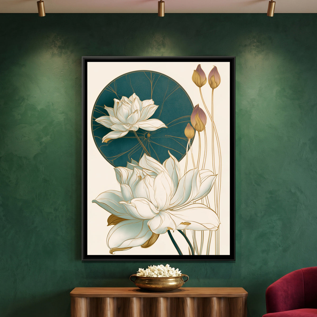 Art Nouveau Lotus — framed canvas art hung on a wall