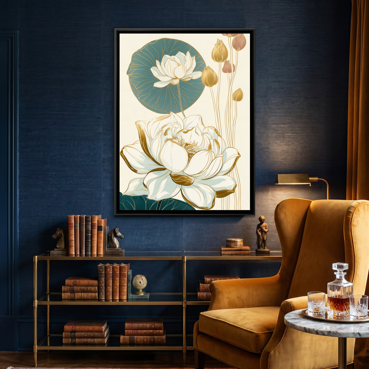 Art Nouveau Lotus — canvas art shown in a styled room
