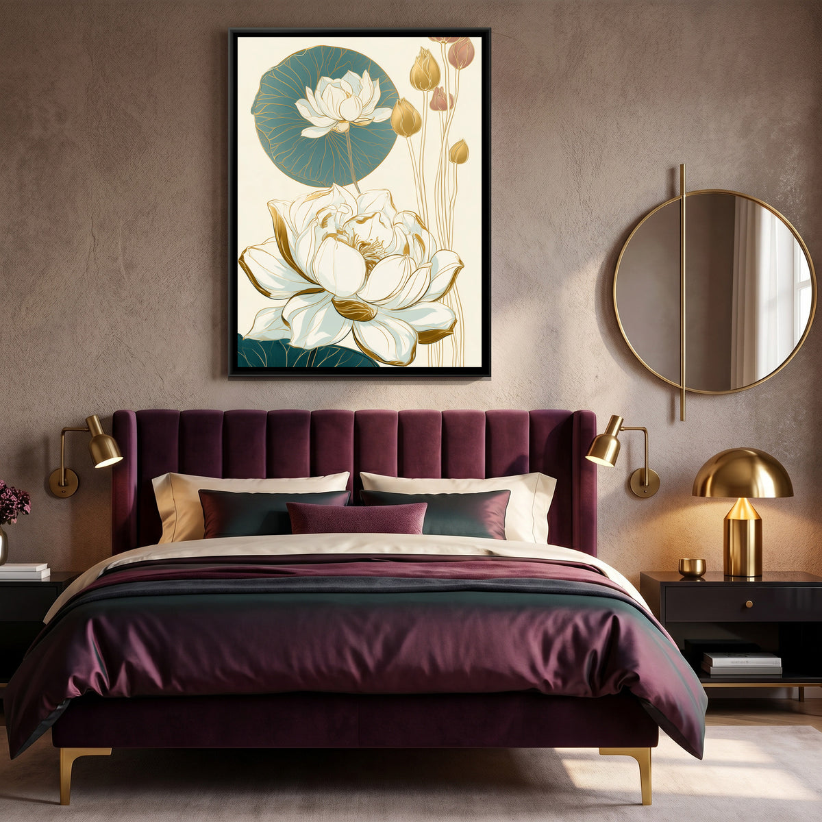Art Nouveau Lotus — canvas art shown in a second room setting