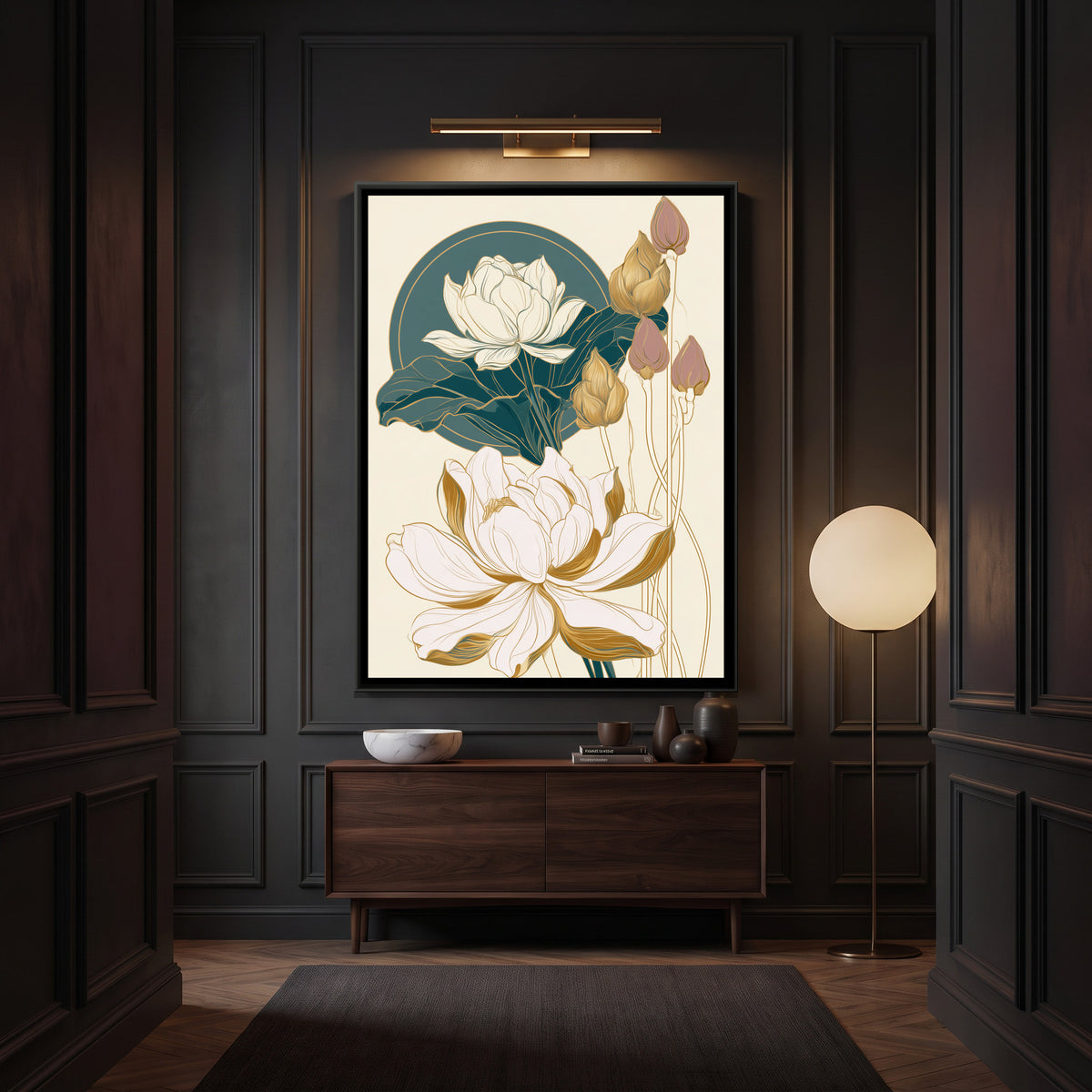 Art Nouveau Lotus — canvas art shown in a styled room