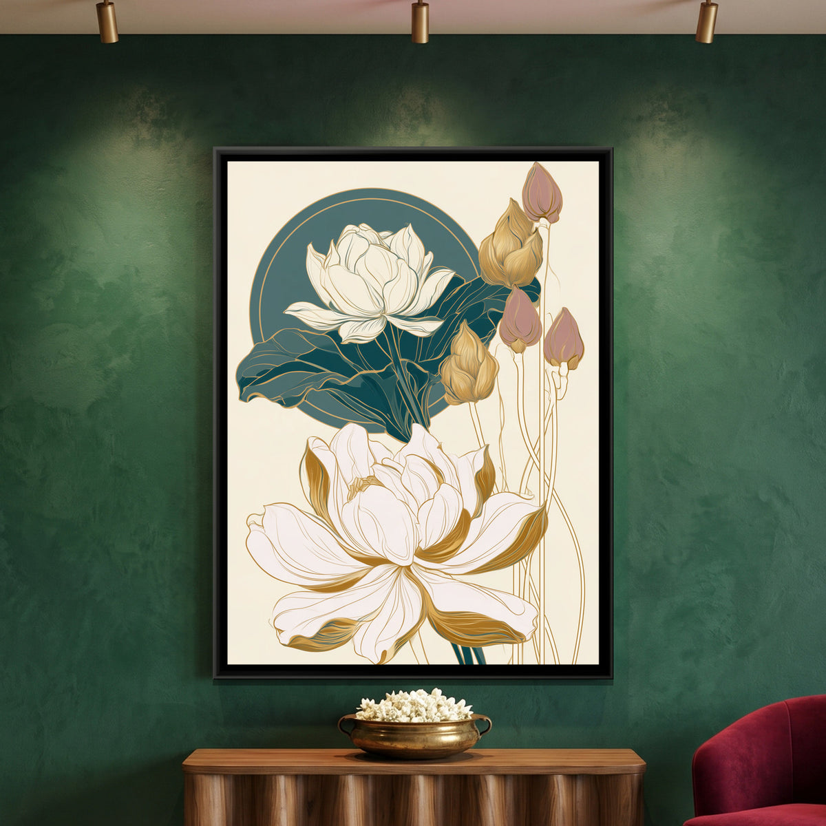Art Nouveau Lotus — framed canvas art hung on a wall