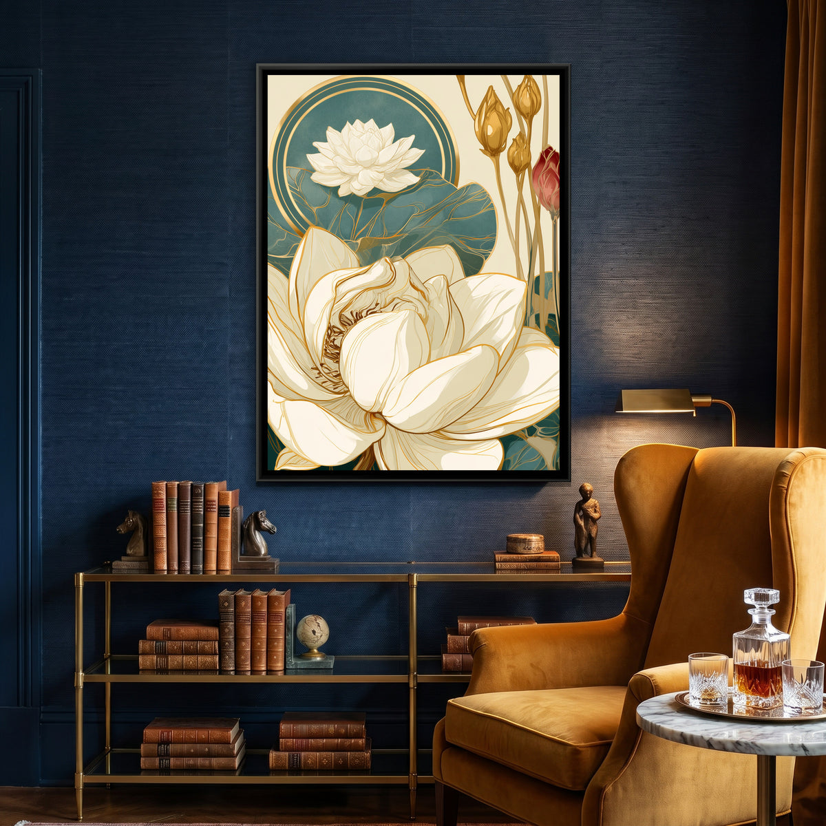 Art Nouveau Lotus — canvas art shown in a styled room