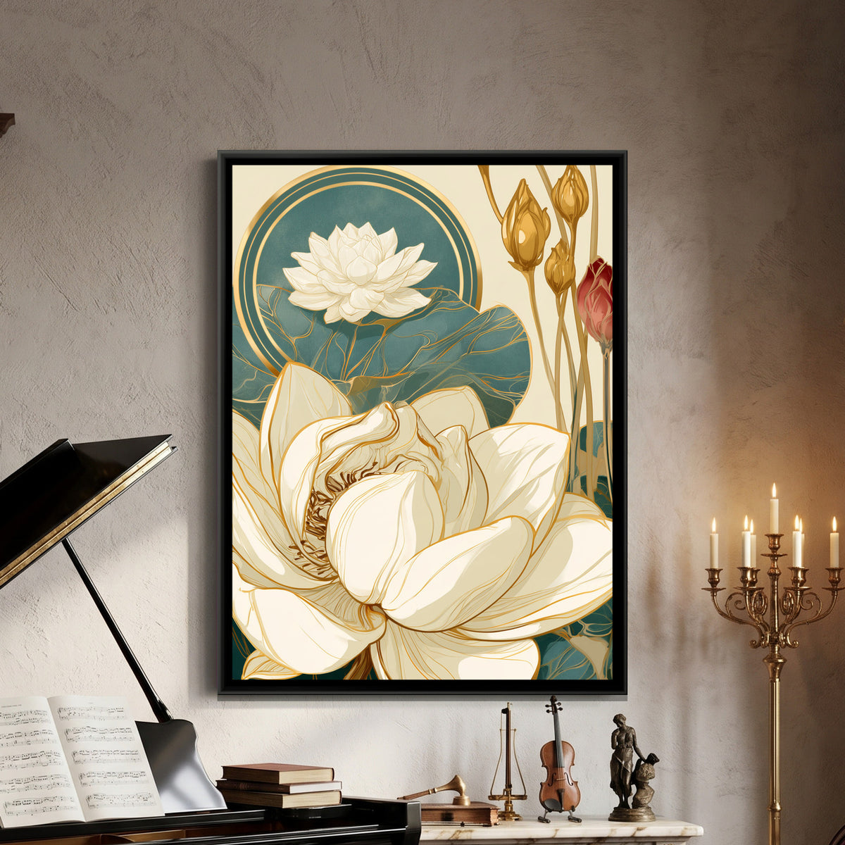 Art Nouveau Lotus — framed canvas art hung on a wall
