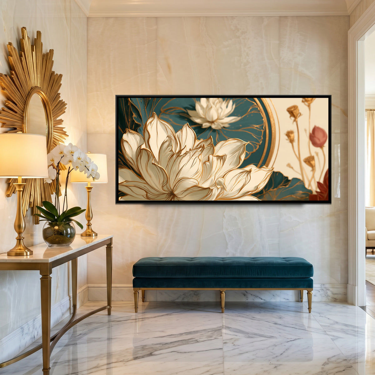 Art Nouveau Lotus — canvas art shown in a styled room