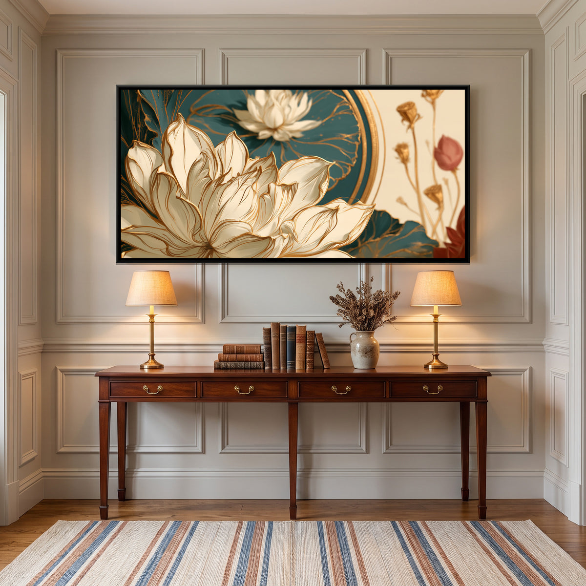 Art Nouveau Lotus — canvas art shown in a second room setting