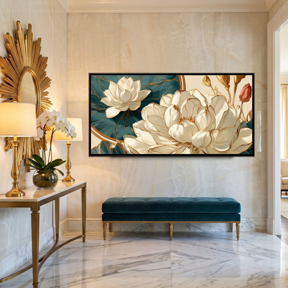 Art Nouveau Lotus — canvas art shown in a styled room