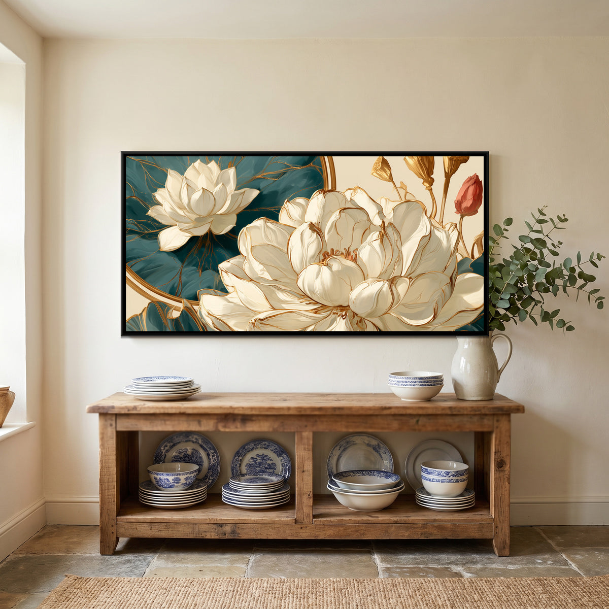 Art Nouveau Lotus — canvas art shown in a second room setting