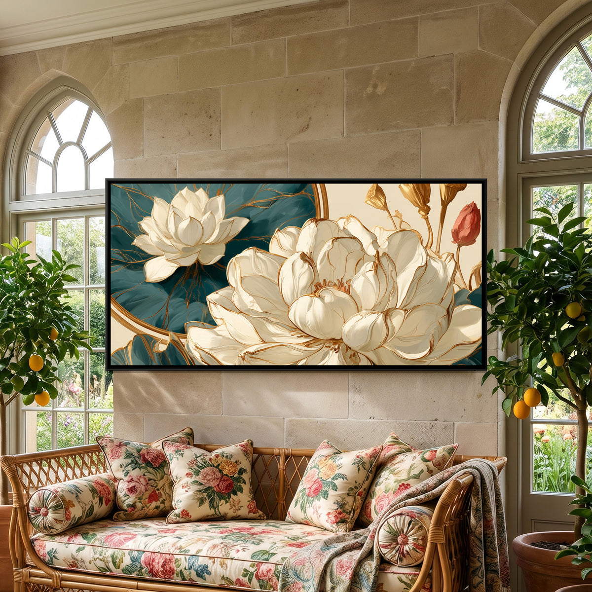 Art Nouveau Lotus — framed canvas art hung on a wall