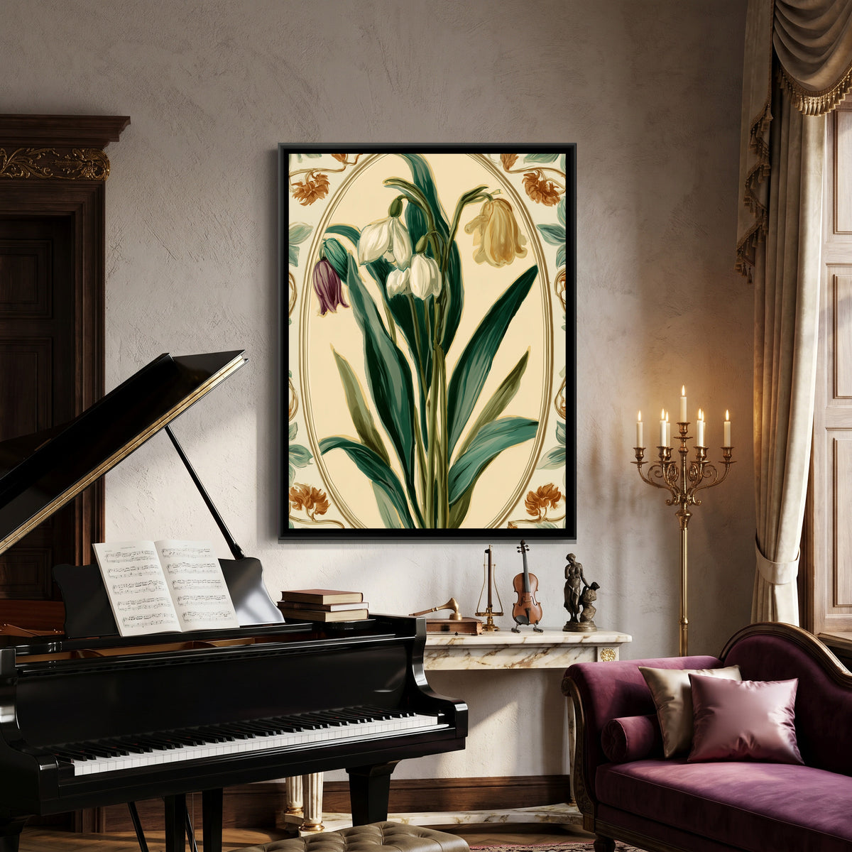 Art Nouveau Snowdrops — canvas art shown in a styled room