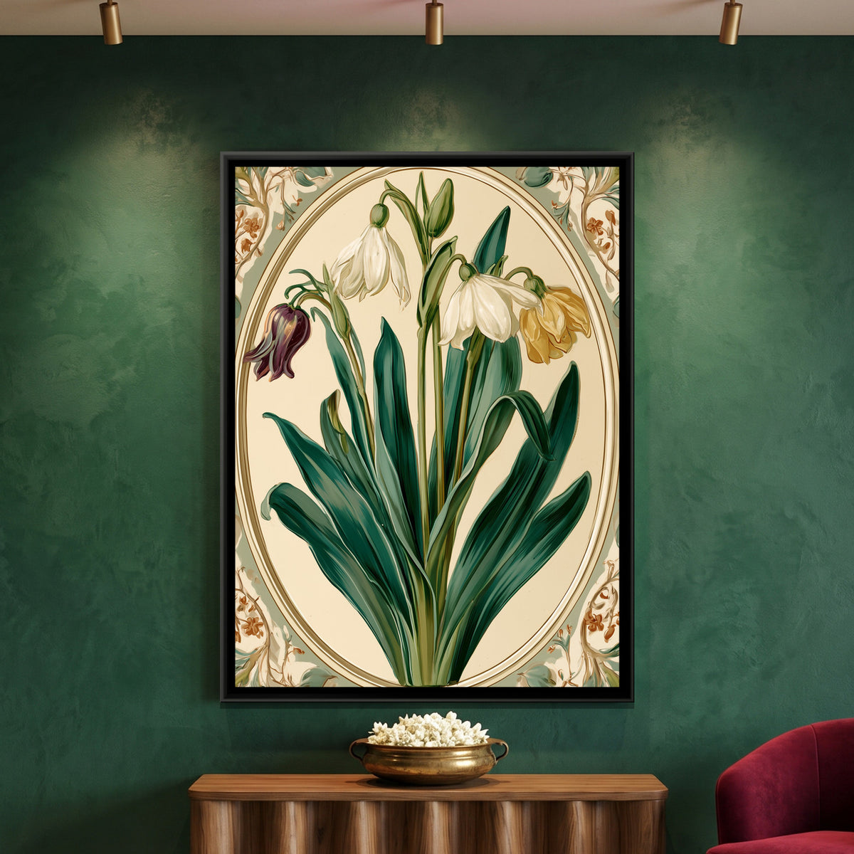 Art Nouveau Snowdrops — framed canvas art hung on a wall