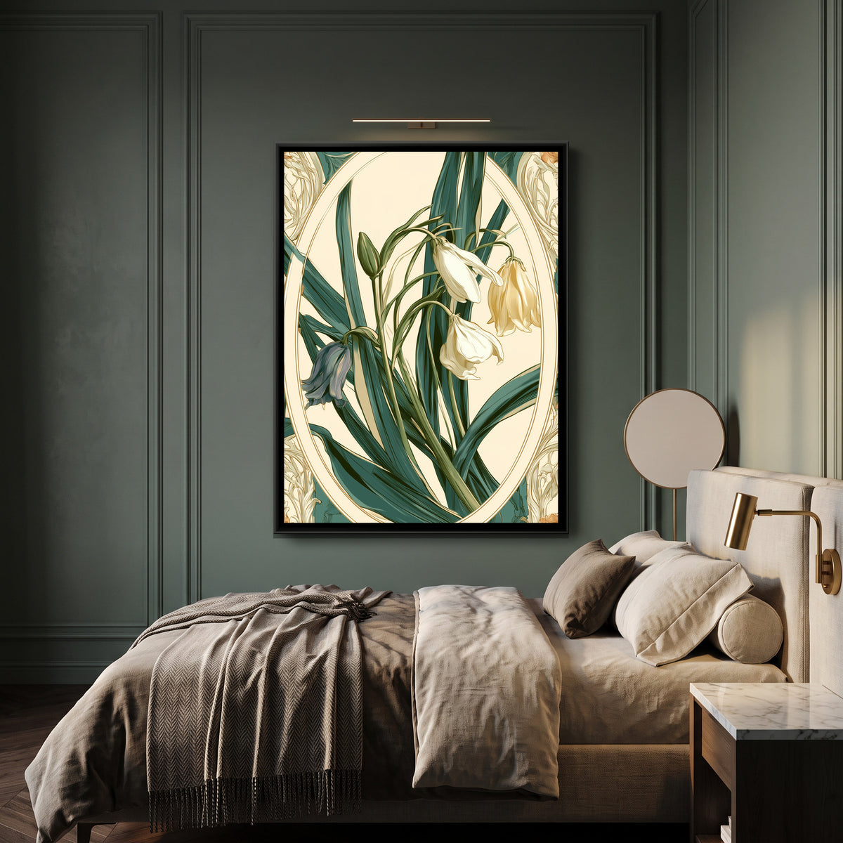 Art Nouveau Snowdrops — canvas art shown in a styled room