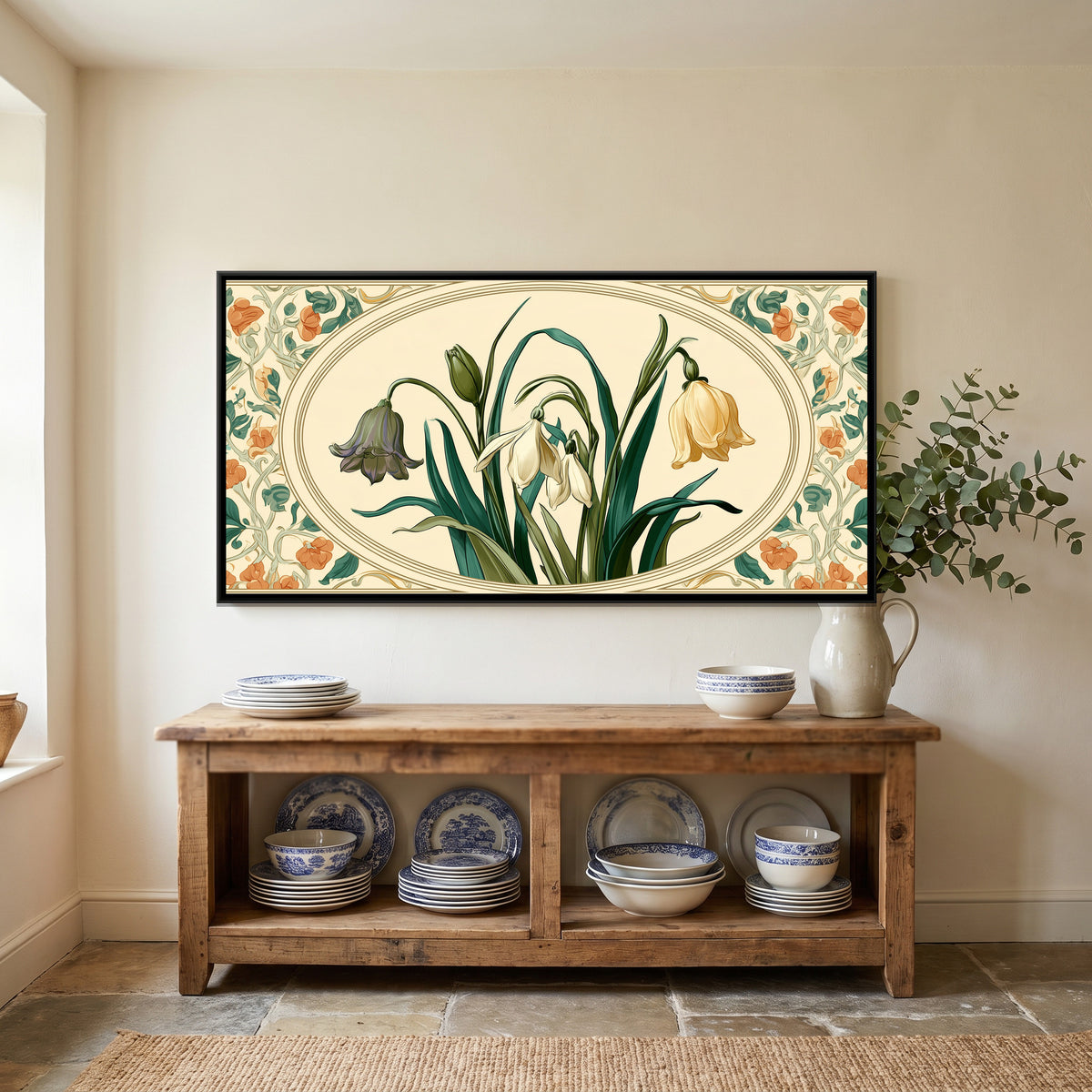 Art Nouveau Snowdrops — canvas art shown in a second room setting