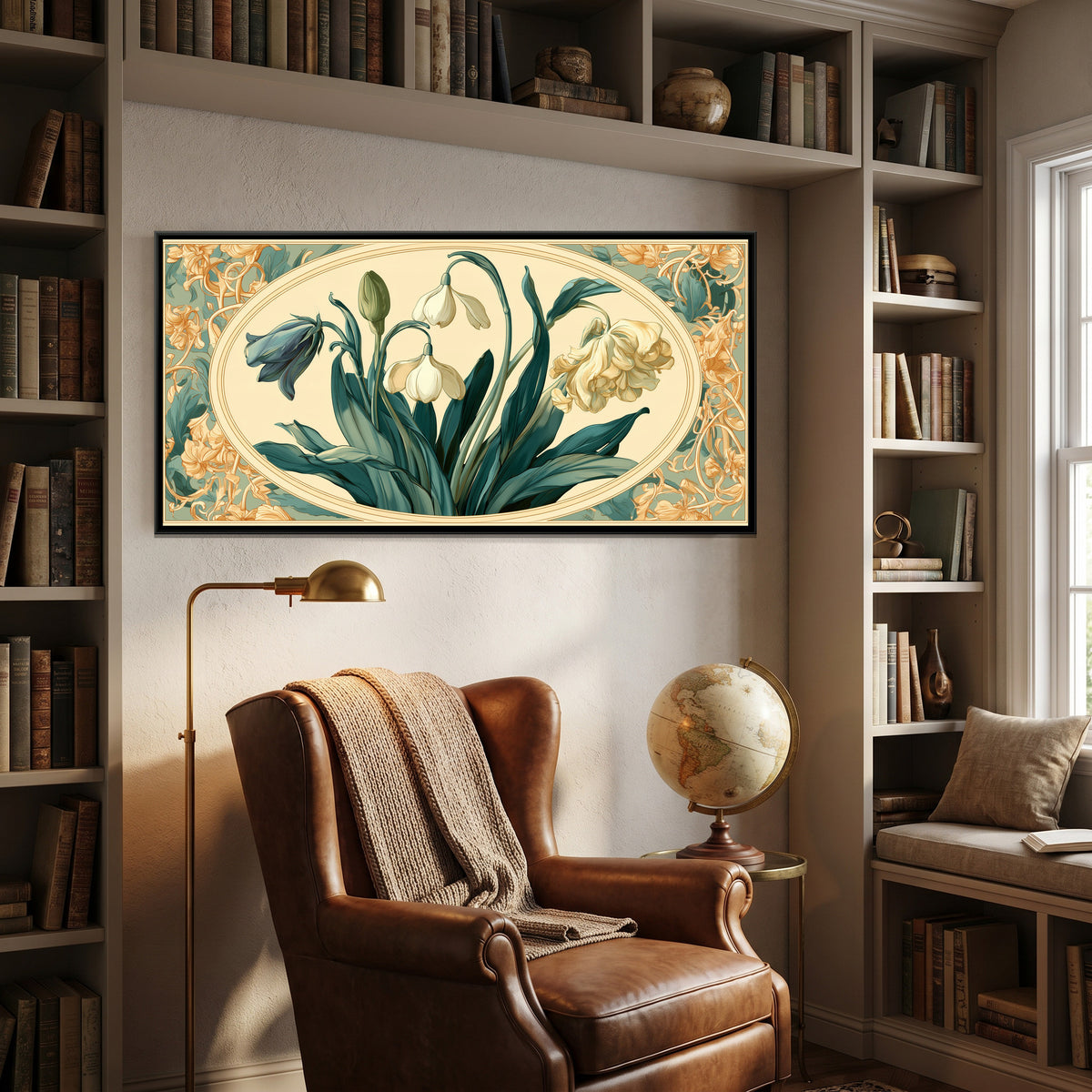 Art Nouveau Snowdrops — canvas art shown in a styled room