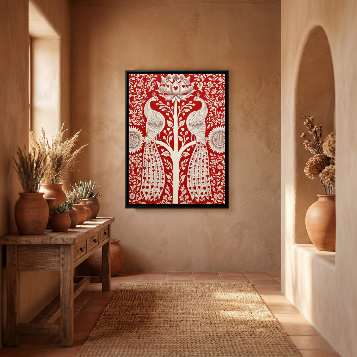 Pichwai Peacocks — canvas art shown in a second room setting