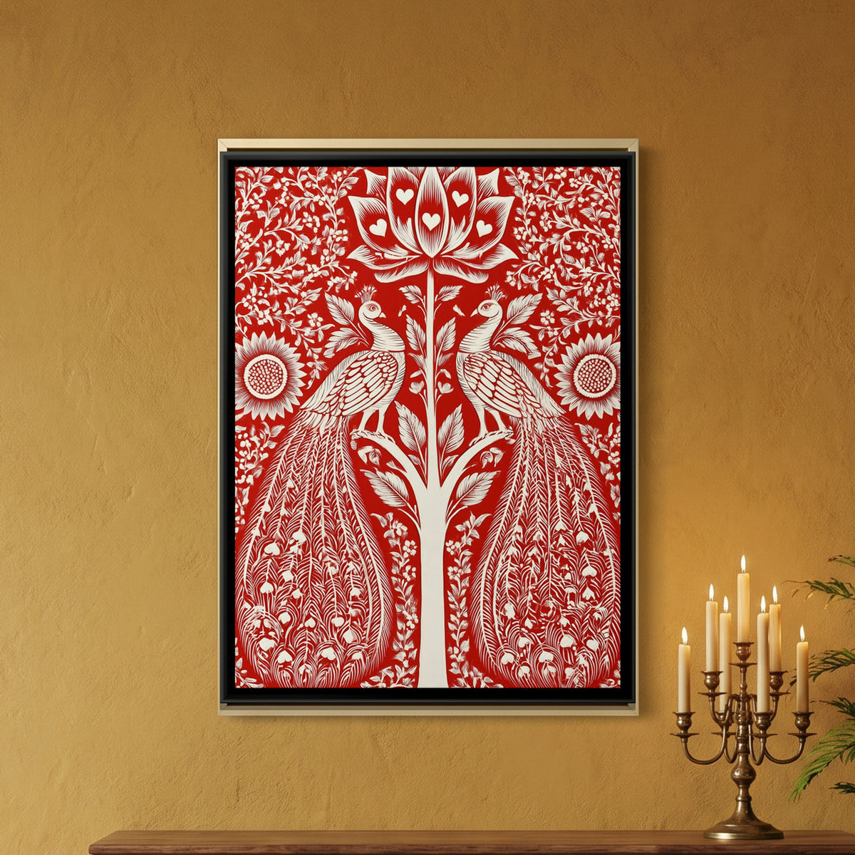 Pichwai Peacocks — framed canvas art hung on a wall