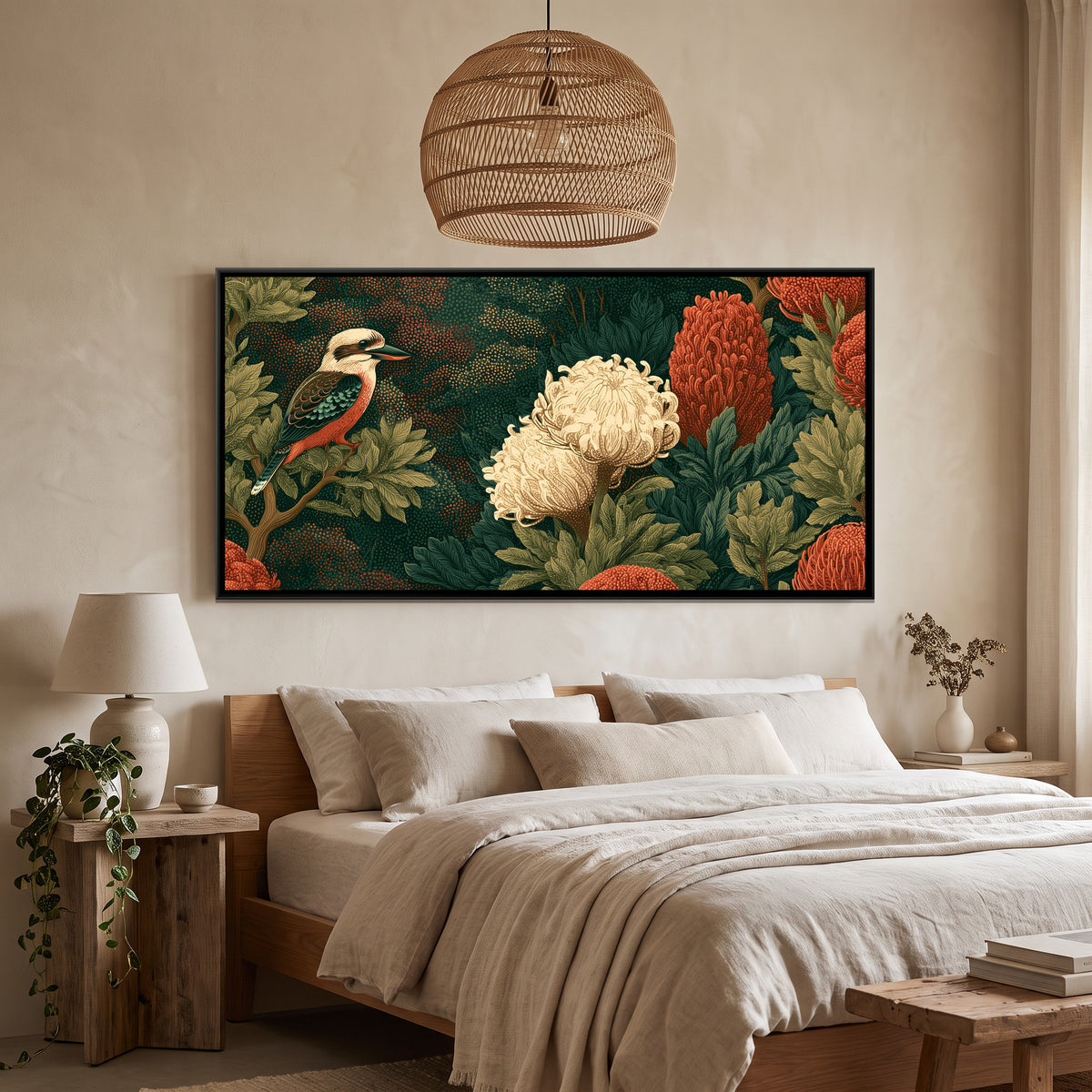 Kookaburra — canvas art shown in a styled room
